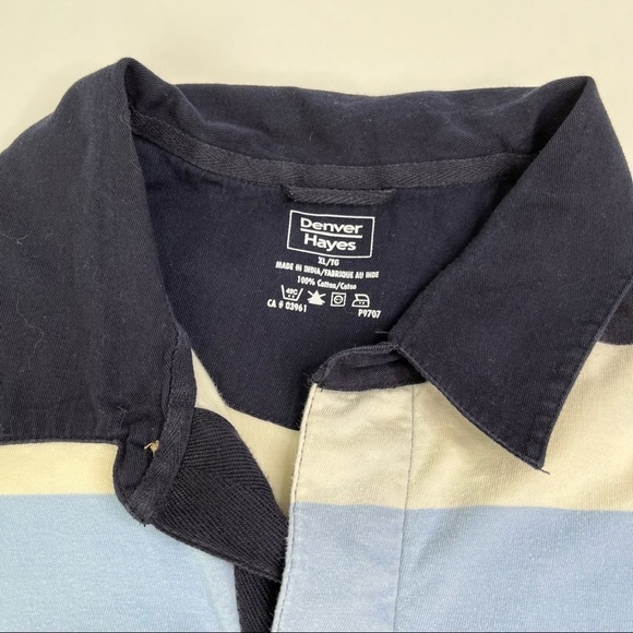 DENVER Hayes Navy Blue & Cream Wide Striped Pocket Collar Soft Short Sleeve Polo - Picture 2 of 5